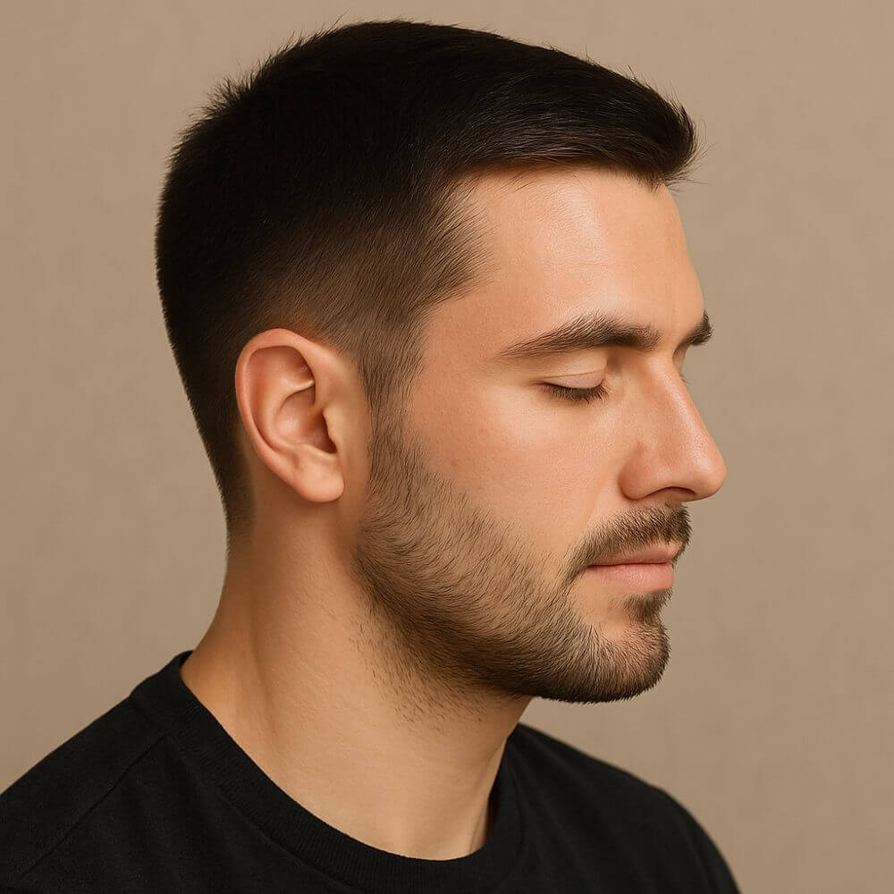 Nahaufnahme des Profils eines jungen Mannes mit kurzem, dichtem und glänzendem Haar vor neutralem Hintergrund.