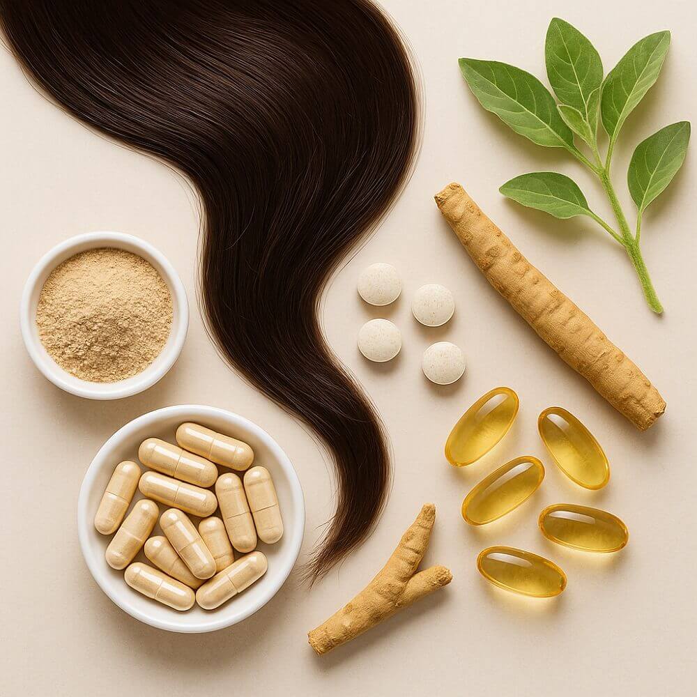 Nahaufnahme von glänzenden, dunklen Haarsträhnen neben Biotin-Kapseln, Omega-3-Ölkapseln, Ashwagandha-Wurzel, Pulver, Tabletten und frischen grünen Blättern auf hellem Hintergrund.