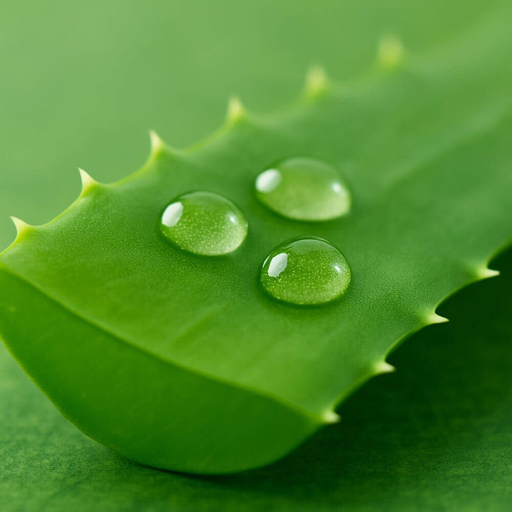 Detailaufnahme eines frischen Aloe-Vera-Blattes mit drei glänzenden Wassertropfen auf der grünen Oberfläche, Symbol für Feuchtigkeit und Hautpflege.