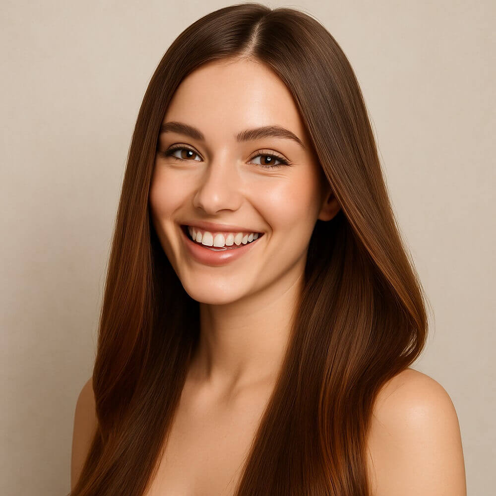 Junge Frau mit langen, glänzenden braunen Haaren lächelt glücklich in die Kamera.