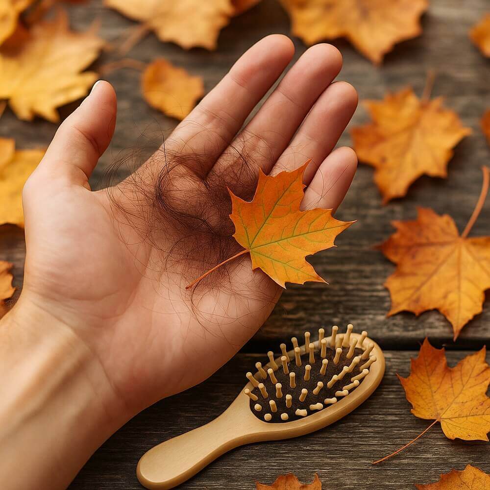 Männliche Hand mit ausgefallenen Haaren und einem Herbstblatt, daneben eine Bürste – symbolisch für saisonalen Haarausfall im Herbst.