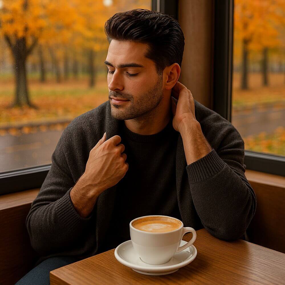 Mann mit gepflegten Haaren sitzt in einem Café am Fenster und trinkt Cappuccino. Im Hintergrund leuchtendes Herbstlaub.