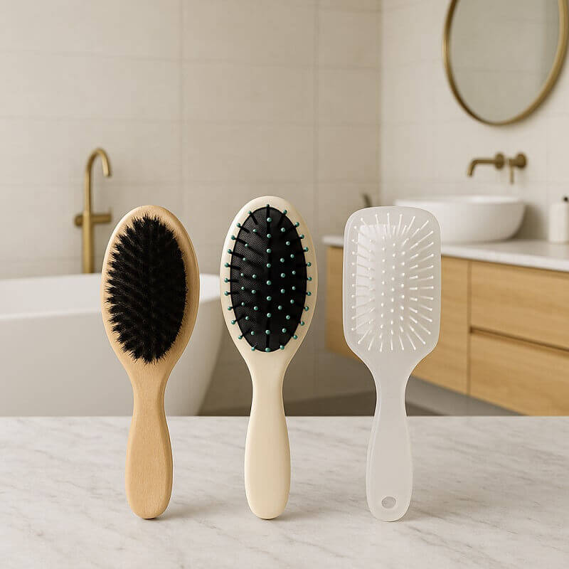 Drei verschiedene Haarbürsten in einem stilvollen, modernen Badezimmer