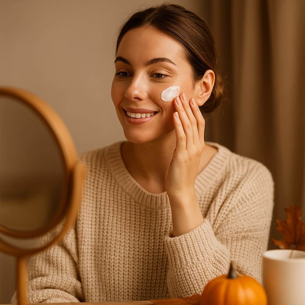 Junge Frau trägt im Herbstlicht eine Gesichtscreme auf, sitzt in warmem Pullover vor dem Spiegel, umgeben von Kürbis, Tasse und herbstlicher Dekoration.