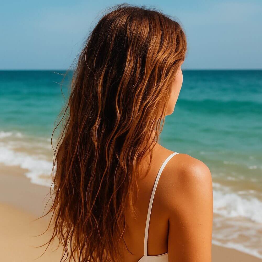 Frau mit langen, sonnengeküssten Haaren am Strand, Blick aufs Meer, Fokus auf gesundem Haar in natürlicher Sommerumgebung.