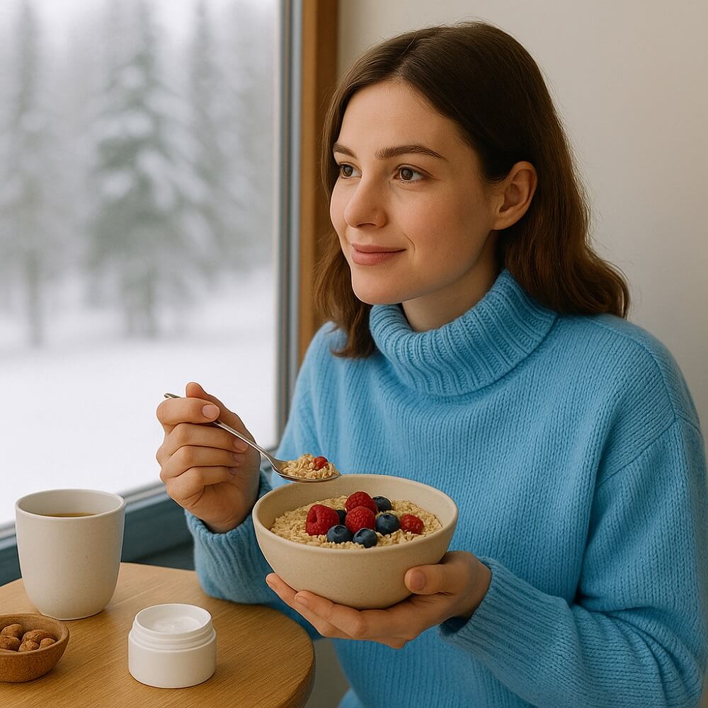 Frau mit gesunder Winterhaut sitzt am Fenster, isst eine Schale mit Beeren und Nüssen und kombiniert bewusste Ernährung mit Hautpflege im Winter.