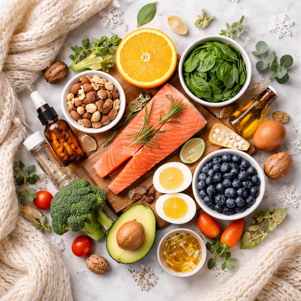 Winterliches Flatlay mit Lachs, Nüssen, Beeren, Spinat, Brokkoli, Avocado, Zitrusfrüchten, Ei und Nahrungsergänzungs-Kapseln auf hellem Untergrund, dekoriert mit Strickschal und Schneeflocken.
