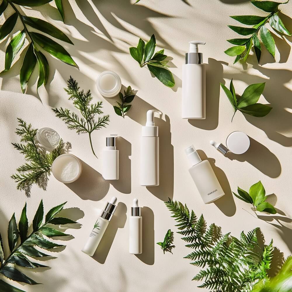 Ein stilvolles Flatlay mit modernen Hautpflegeprodukten in minimalistischen Verpackungen, auf hellem Hintergrund mit frischen Blättern und neutralen Tönen.