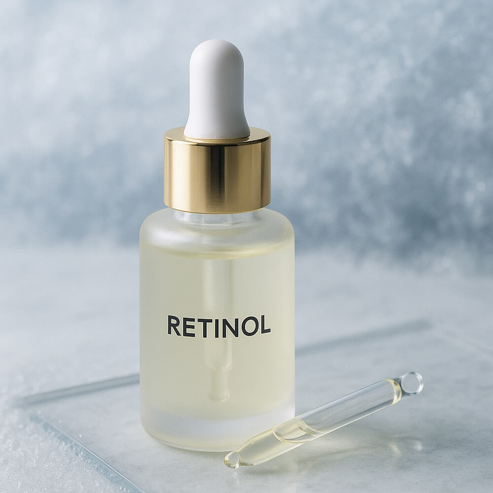 Makroaufnahme eines frosted Retinol-Serums mit Pipette auf gläserner Oberfläche vor leicht frostigem Hintergrund.
