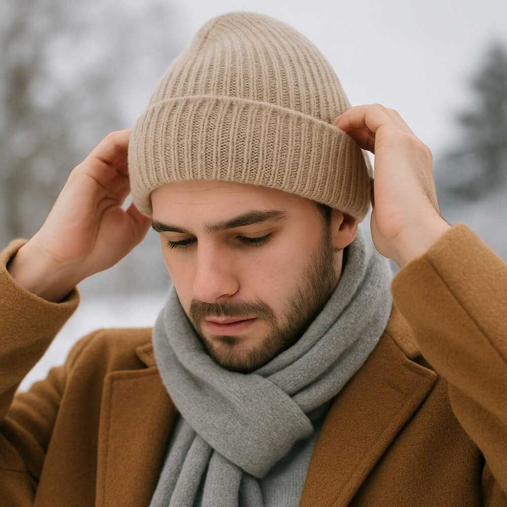 Ein junger Mann zieht im winterlichen Außenbereich eine beige Strickmütze über den Kopf, eingehüllt in Mantel und Schal.