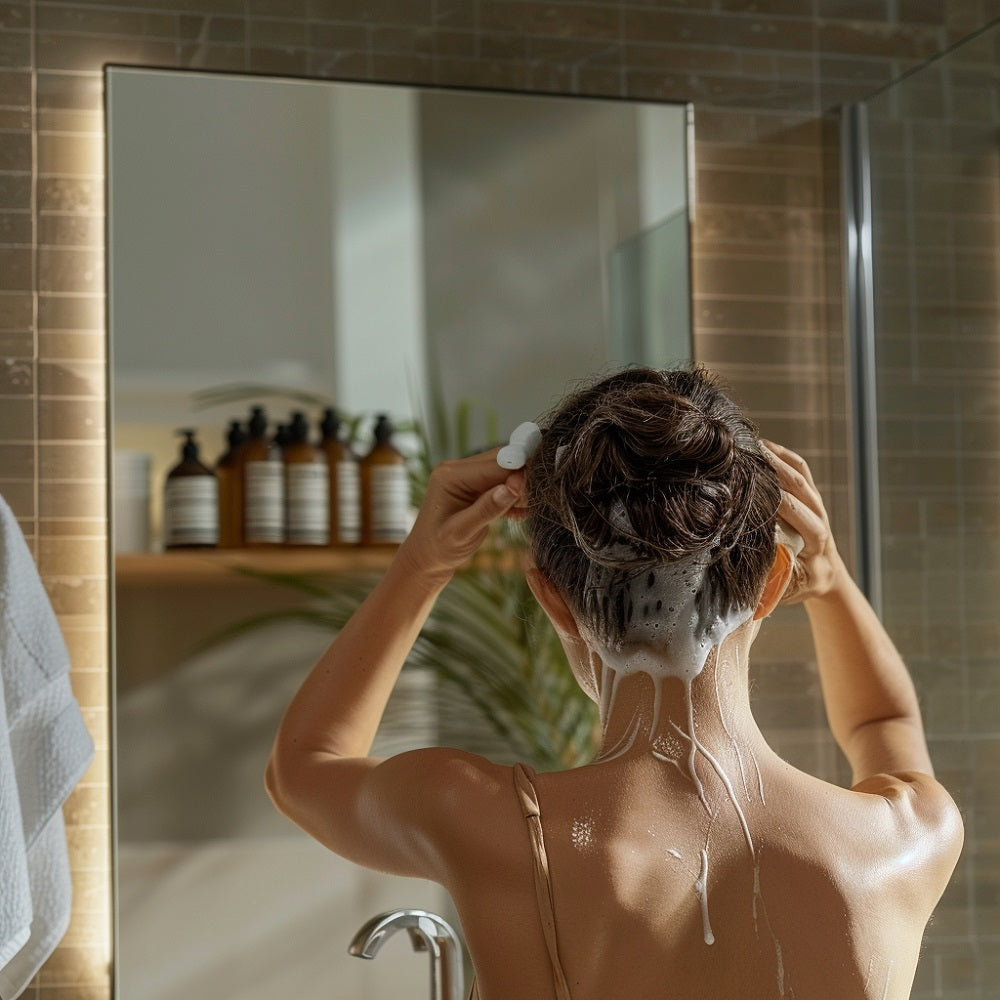 Eine weibliche Person steht vor einem Badezimmerspiegel und trägt ein Anti-Schuppen-Shampoo auf ihr Haar auf. Die Person hat mittellanges, gelocktes, dunkelbraunes Haar. Im Hintergrund sind verschiedene Haarpflegeprodukte auf einem Regal zu sehen.