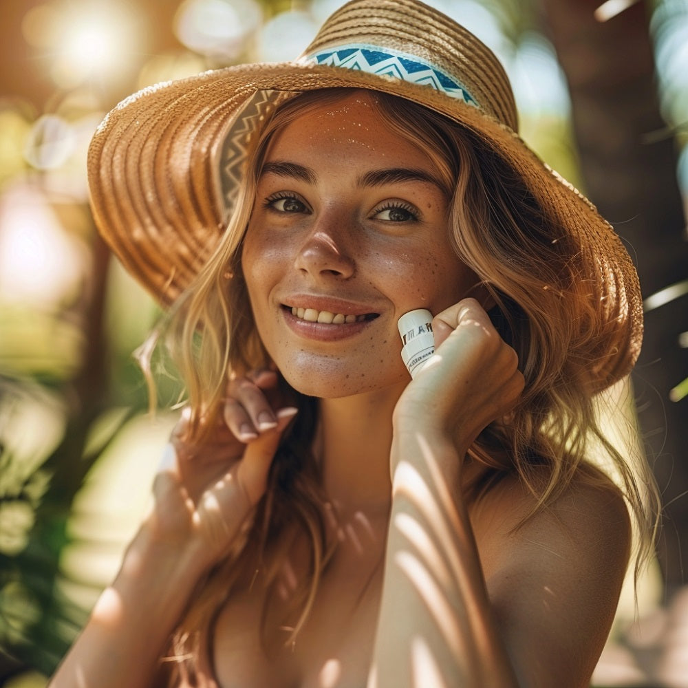 Eine fröhliche junge Frau, die ihr Gesicht mit Sonnencreme schützt. Sie hat mittellange Haare und trägt ein sommerliches Outfit mit Strohhut. Sie befindet sich im Freien in einer sonnigen, grünen Parklandschaft.