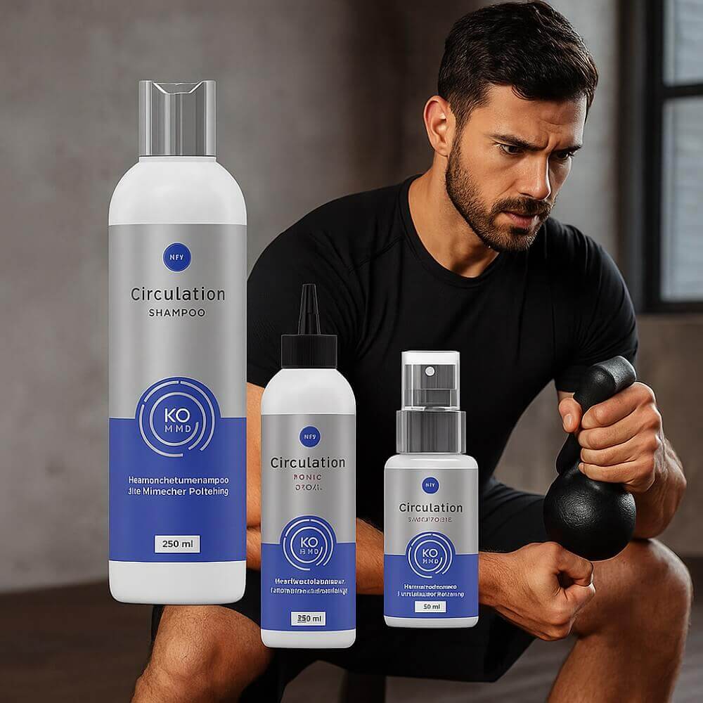 KÖ-HAIR Circulation Shampoo, Tonic und Serum Spray im Vordergrund, dahinter ein sportlicher Mann beim Training mit Kettlebell – Symbol für Stärke, Energie und leistungsstarke Haarpflege.