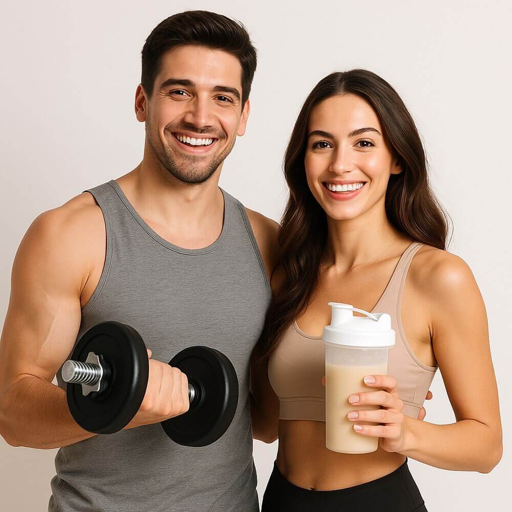 Lächelndes sportliches Paar, der Mann mit Hantel und die Frau mit Proteinshake, vor neutralem Hintergrund.