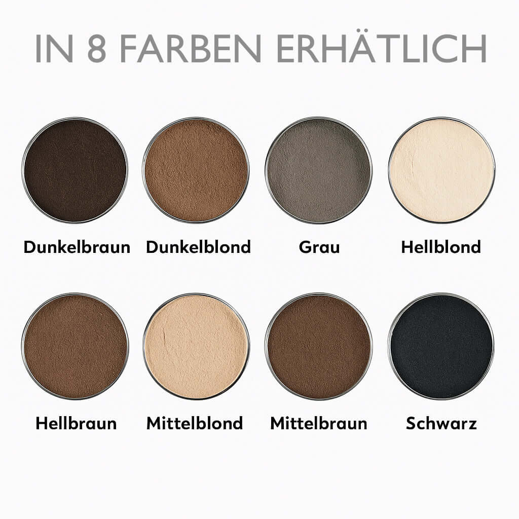 KÖ-HAIR Fibern in 8 Farben verfügbar: Dunkelbraun, Dunkelblond, Grau, Hellblond, Hellbraun, Mittelblond, Mittelbraun, Schwarz.