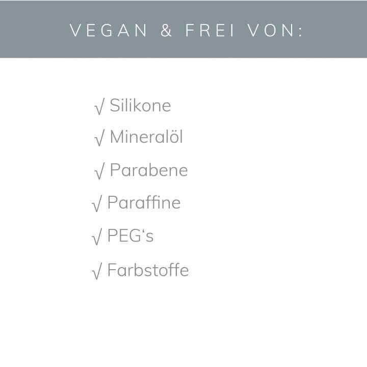 Image listing vegan and free-from ingredients: silicones, mineral oils, parabens, paraffins, PEGs, and colorants.