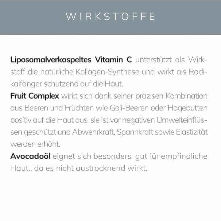 Text about active ingredients in KÖ-KLINIK Hydrating Cream, highlighting Vitamin C and Fruit Complex benefits.