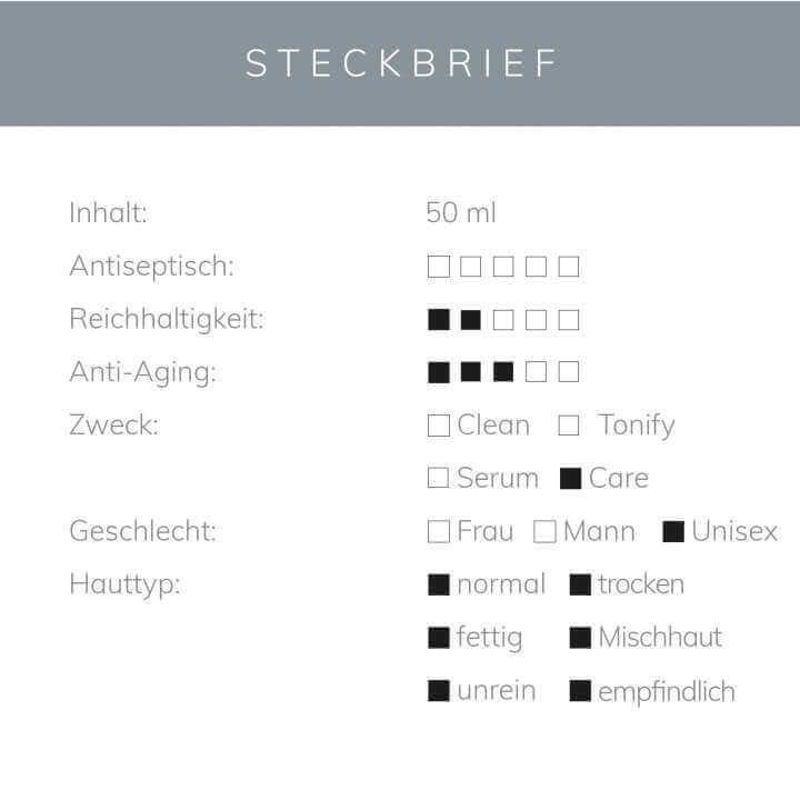 Information sheet for KÖ-KLINIK Hydrating Cream 50ml detailing its contents and skin type suitability.
