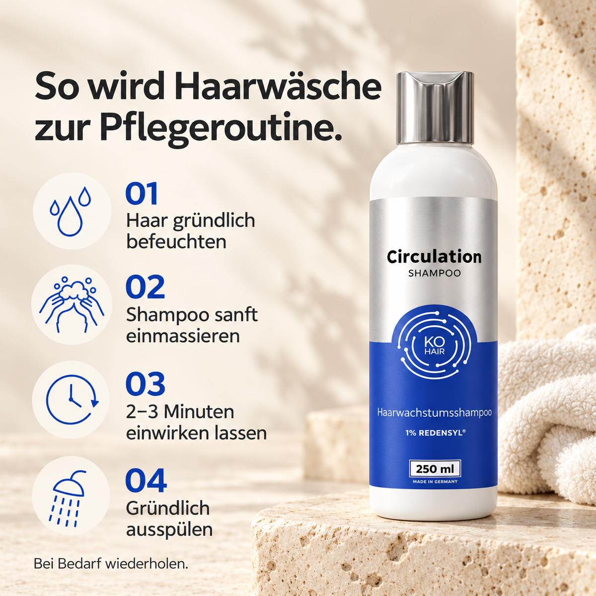 Circulation Shampoo – einmassieren, 2–3 Minuten einwirken lassen, ausspülen