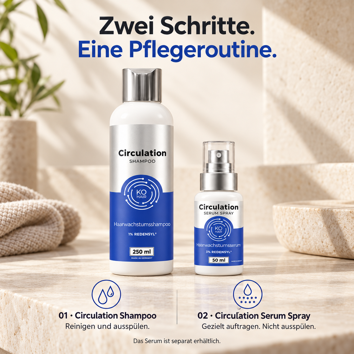 Circulation Shampoo und separat erhältliches Serum – zwei Schritte der Pflegeroutine