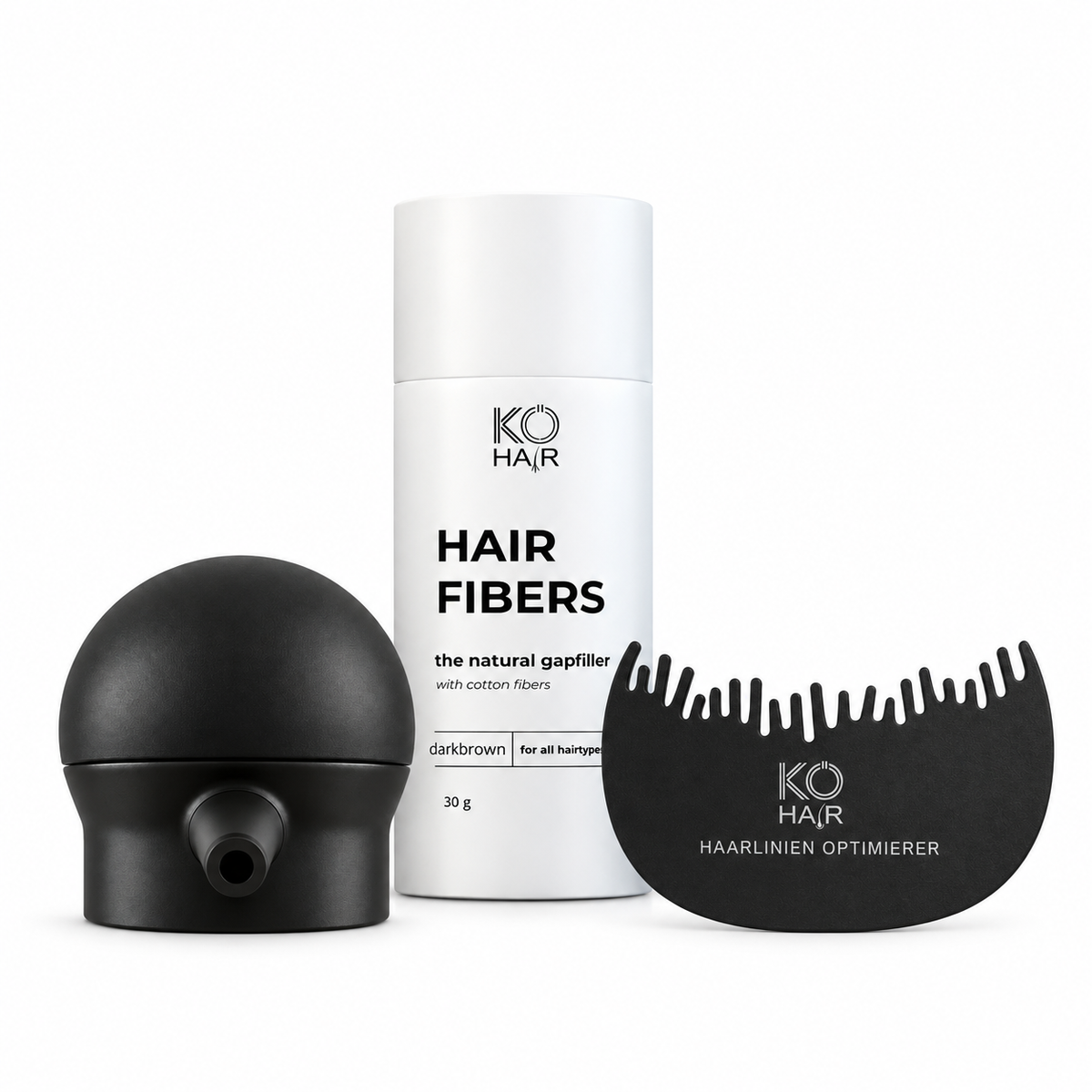 KÖ-HAIR FIBERS 30g Haarverdichter & Streuhaar Komplett-Set mit Applikator & Hairline Optimizer – Setübersicht