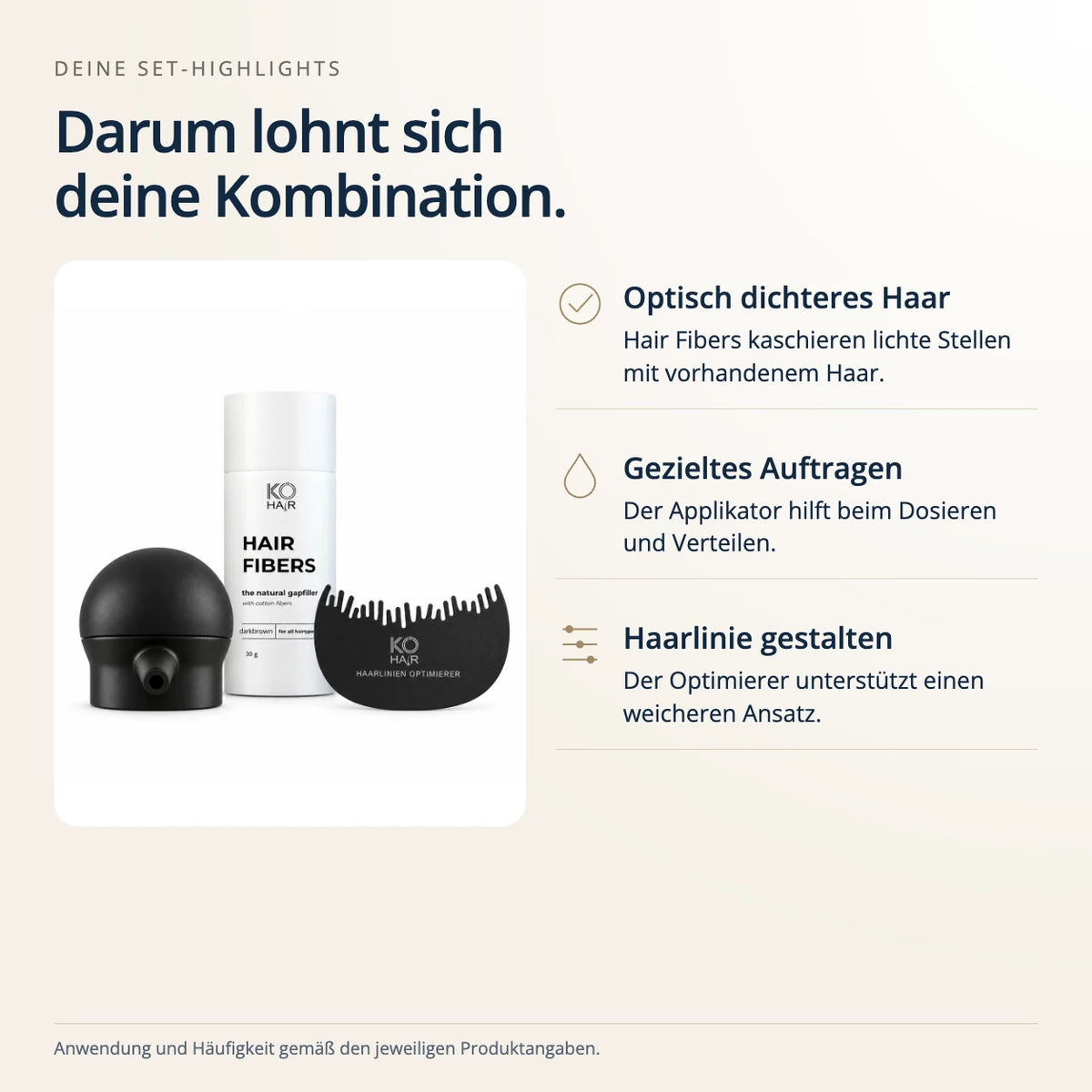 KÖ-HAIR FIBERS 30g Haarverdichter & Streuhaar Komplett-Set mit Applikator & Hairline Optimizer – Vorteile des Sets