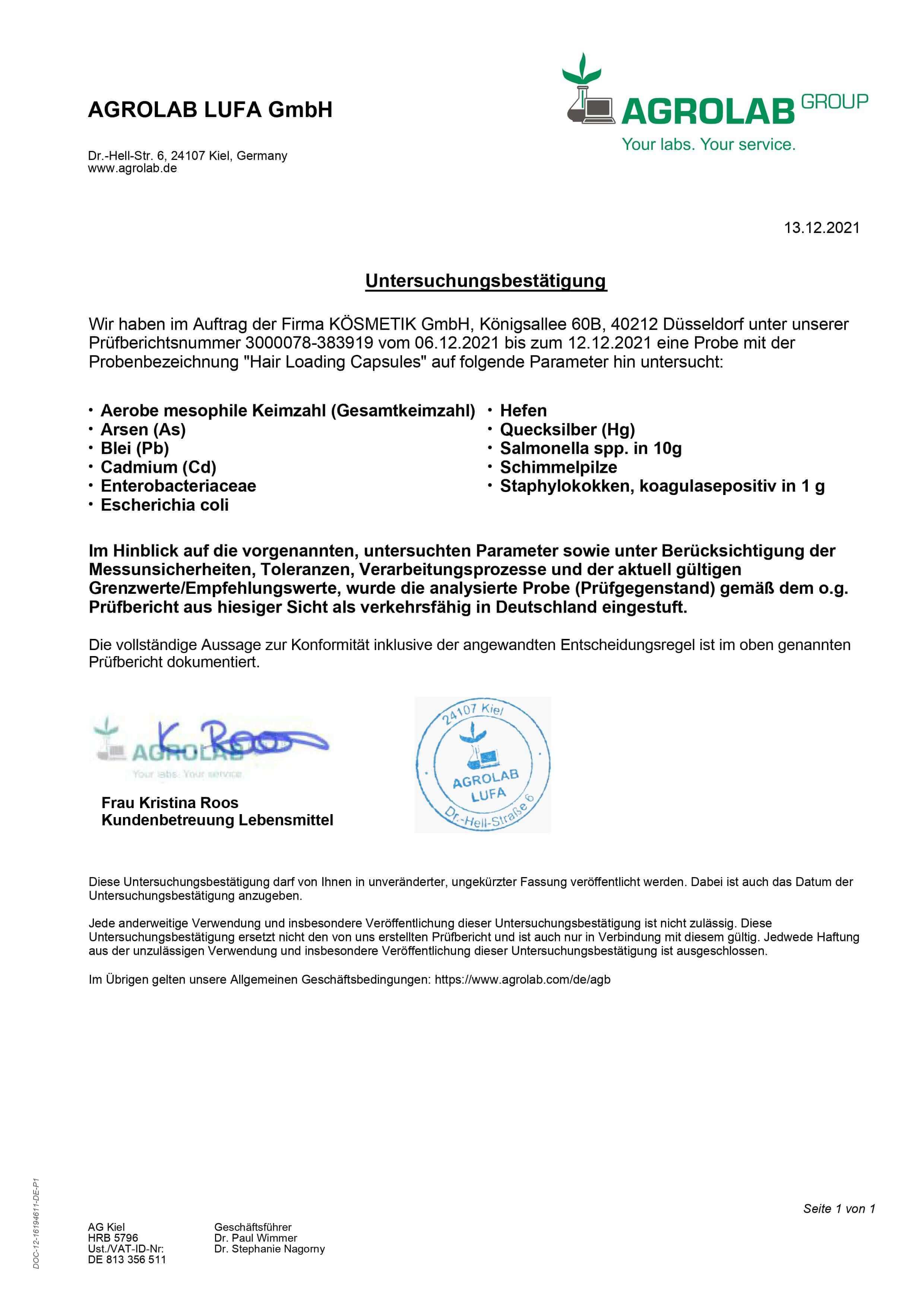 Test report for KÖ-HAIR Hair Loading Capsules by AGROLAB confirming product quality and safety.