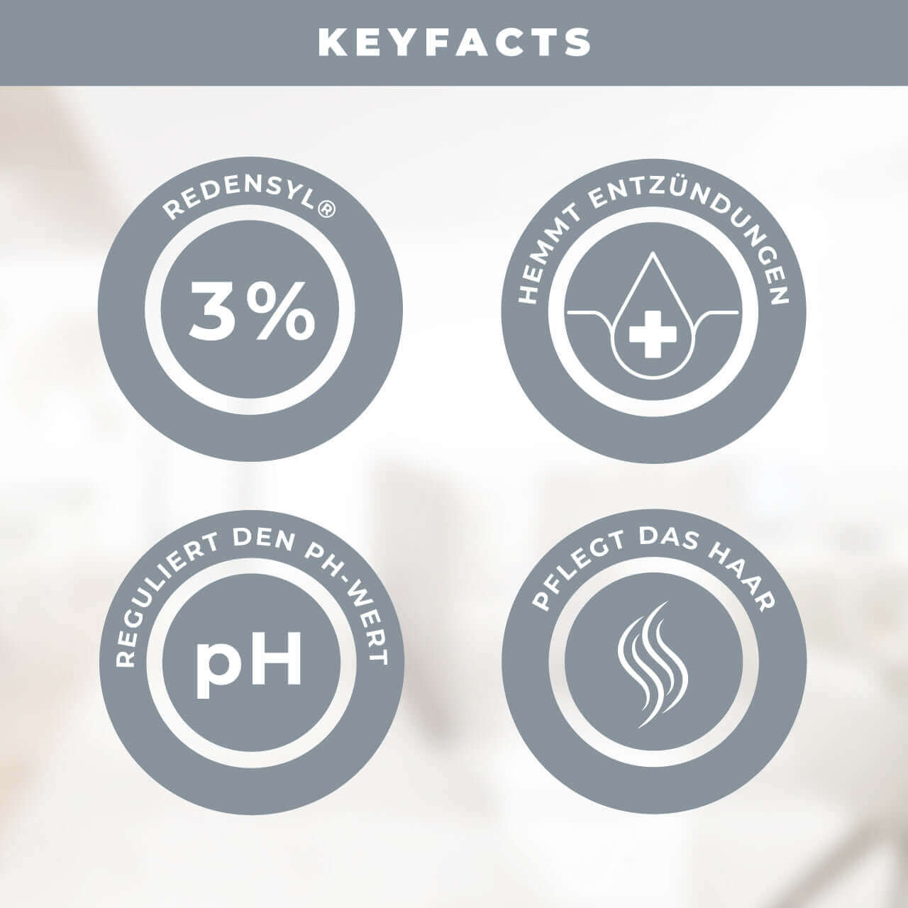 Key facts about KÖ-HAIR Circulation Serum Spray showing 3% Redensyl, pH regulation, anti-inflammatory benefits, and hair care.
