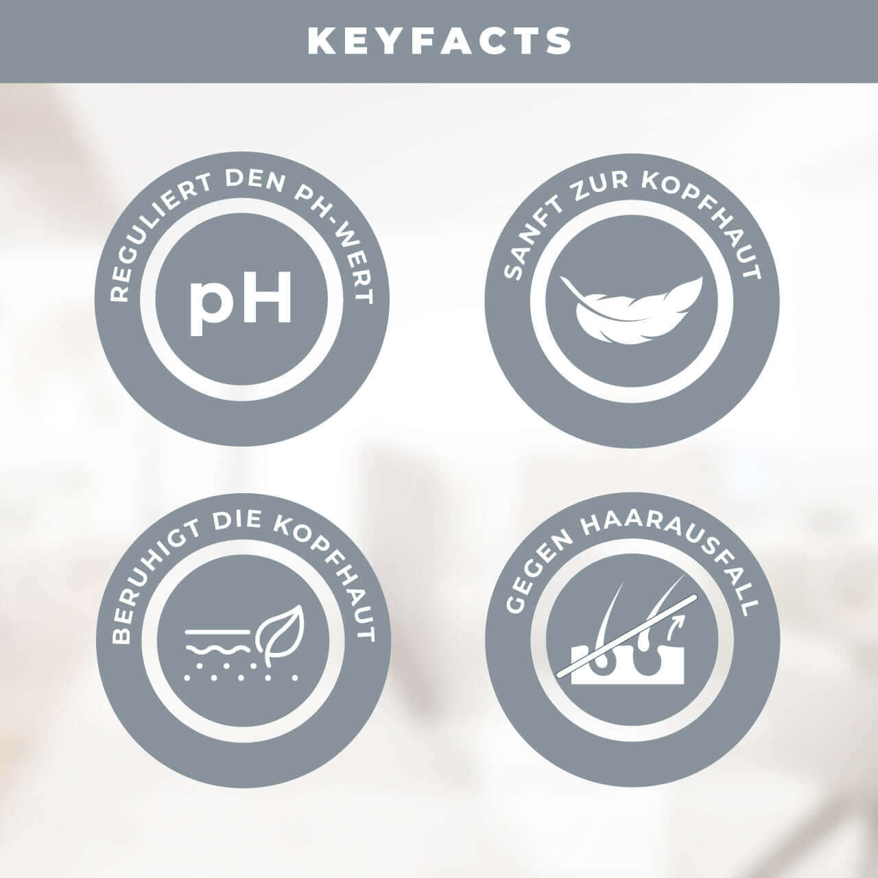 KÖ-HAIR Sensitive Calm Shampoo key facts icons: pH regulation, scalp gentleness, calming effect, anti-hair loss.