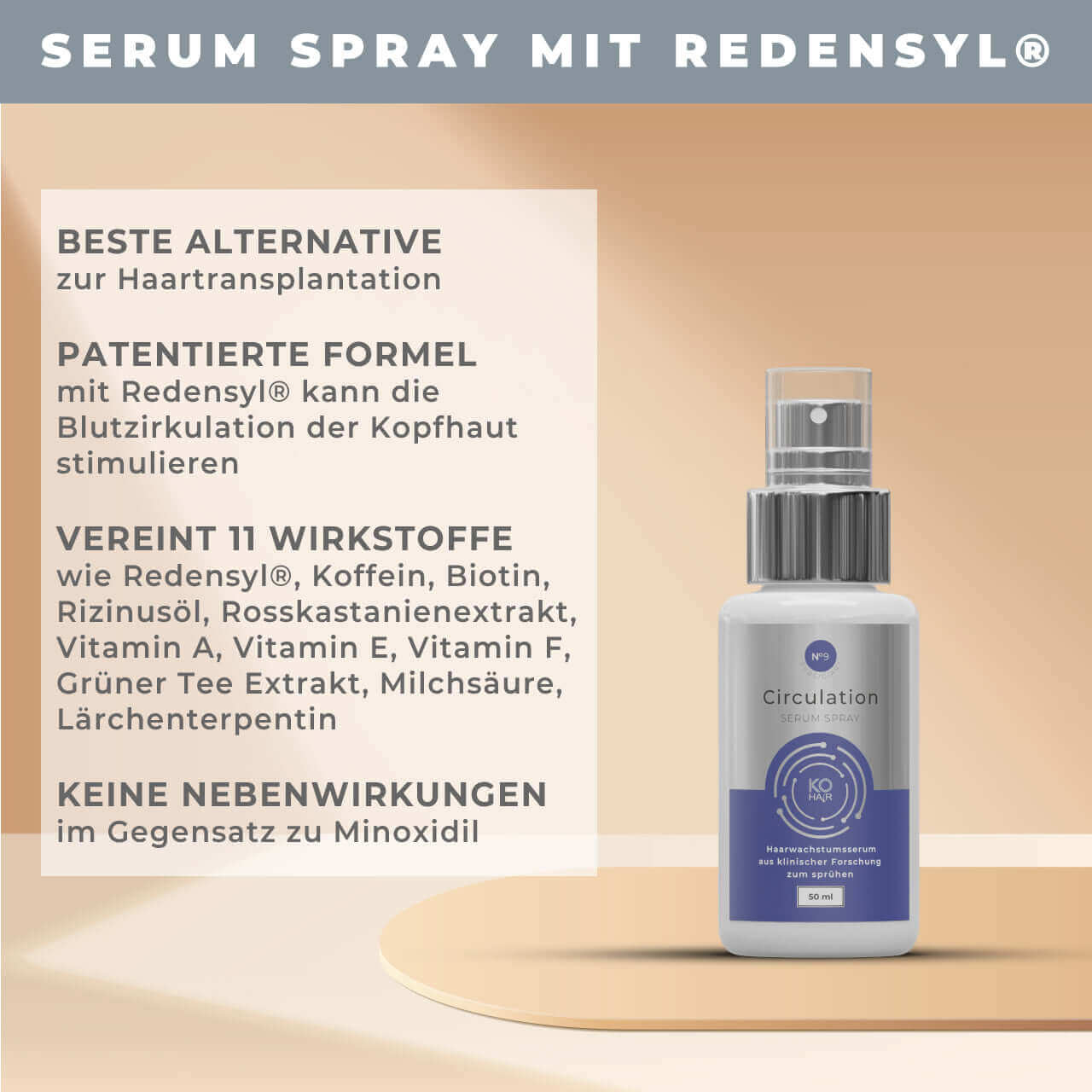 Circulation Serum Spray with Redensyl, promoting hair growth and scalp health, alternative to hair transplant.
