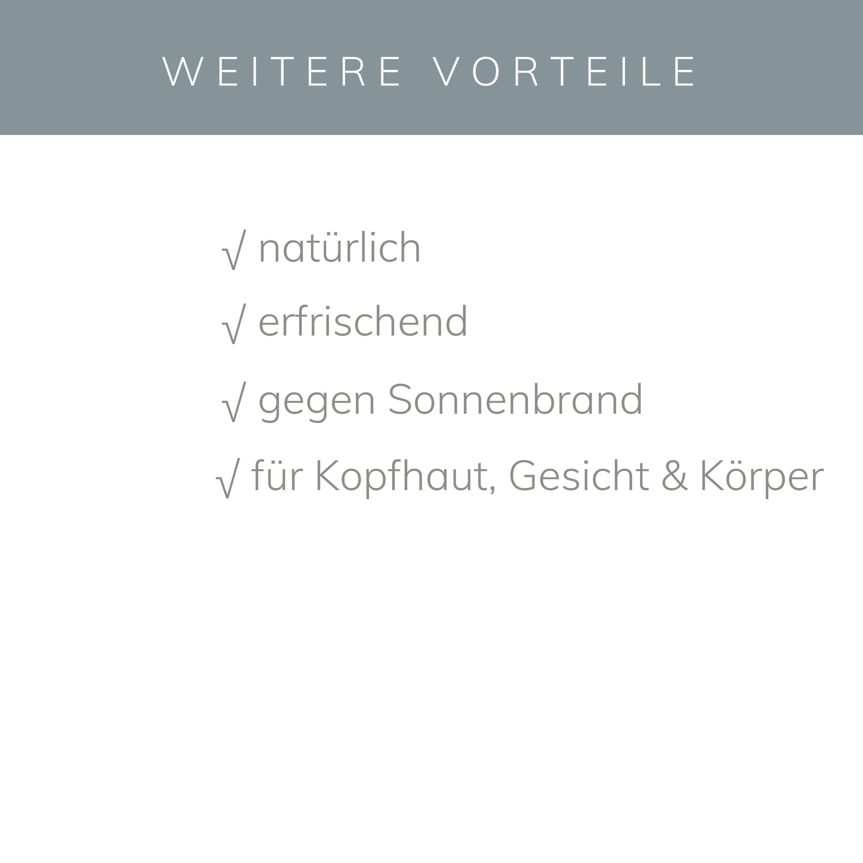 Liste der Vorteile von Aloe Vera Spray: natürlich, erfrischend, gegen Sonnenbrand, für Kopfhaut, Gesicht & Körper.