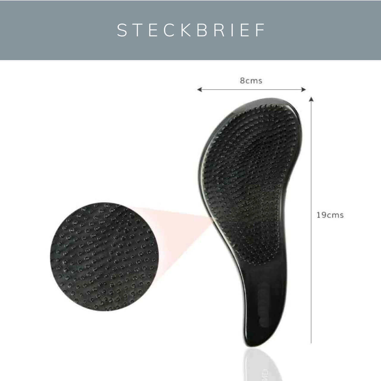 Abbildung der KÖ beauté Hair Brush Detangler Bürste mit Abmessungen und einzigartigem Design für schmerzfreies Entwirren.