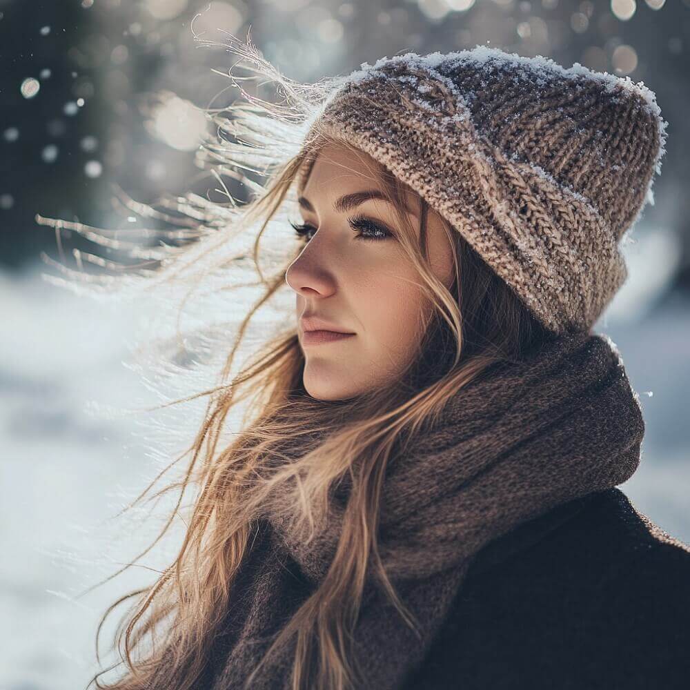 Junge Frau mit langen Haaren, Mütze und Schal in einer verschneiten Winterlandschaft.