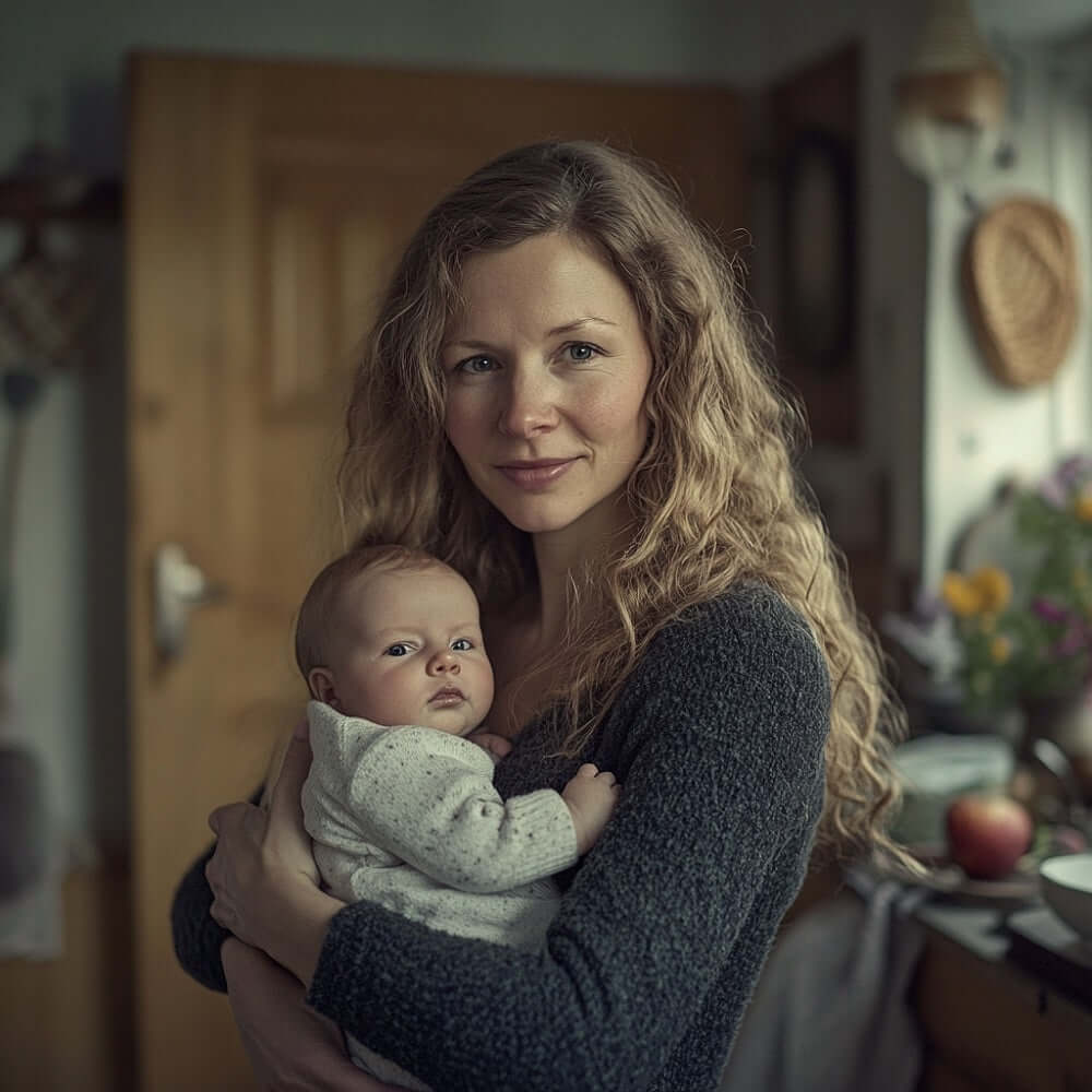 Ruhige und nährende Szene mit einer Frau, die ihr Baby sanft im Arm hält, mit weichem, fließendem Haar. 