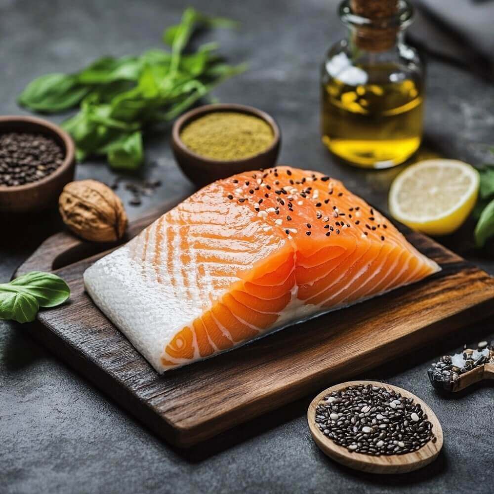 Modernes Stillleben mit Lachs, Nüssen, Chiasamen und Öl, das die Bedeutung von Omega-3-Fettsäuren für die Haut symbolisiert.