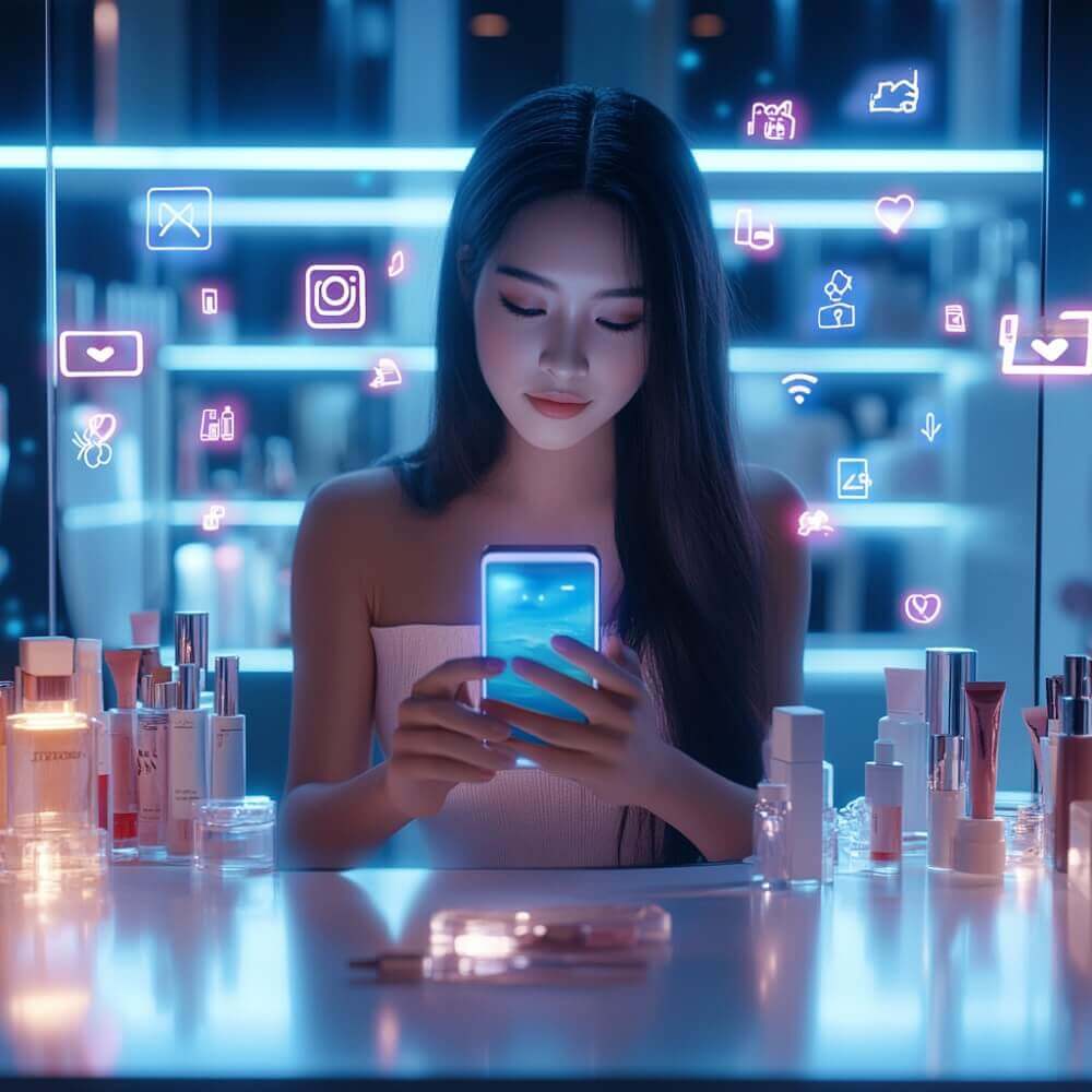 Junge Asiatin mit Smartphone an einem Schminktisch, umgeben von Beauty-Produkten. Social Media-Symbole symbolisieren den Einfluss der sozialen Medien auf die Schönheitsroutinen.