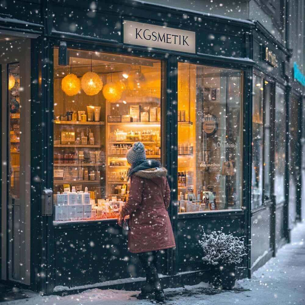 Eine junge Frau in Winterkleidung steht vor einem Schaufenster mit Hautpflegeprodukten. Es fällt Schnee.