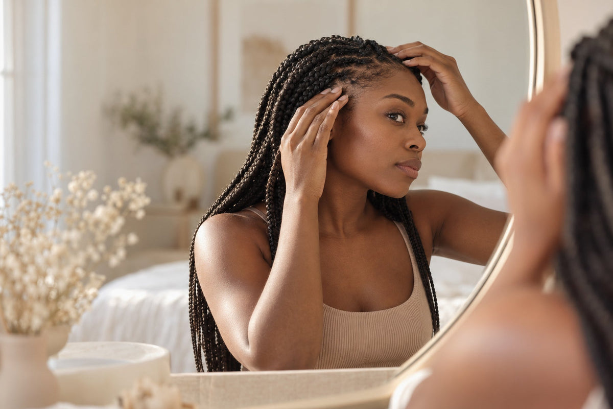 Frau mit Braids prüft ihre Haarlinie im Spiegel – straffe Flechtfrisuren und Haarausfall