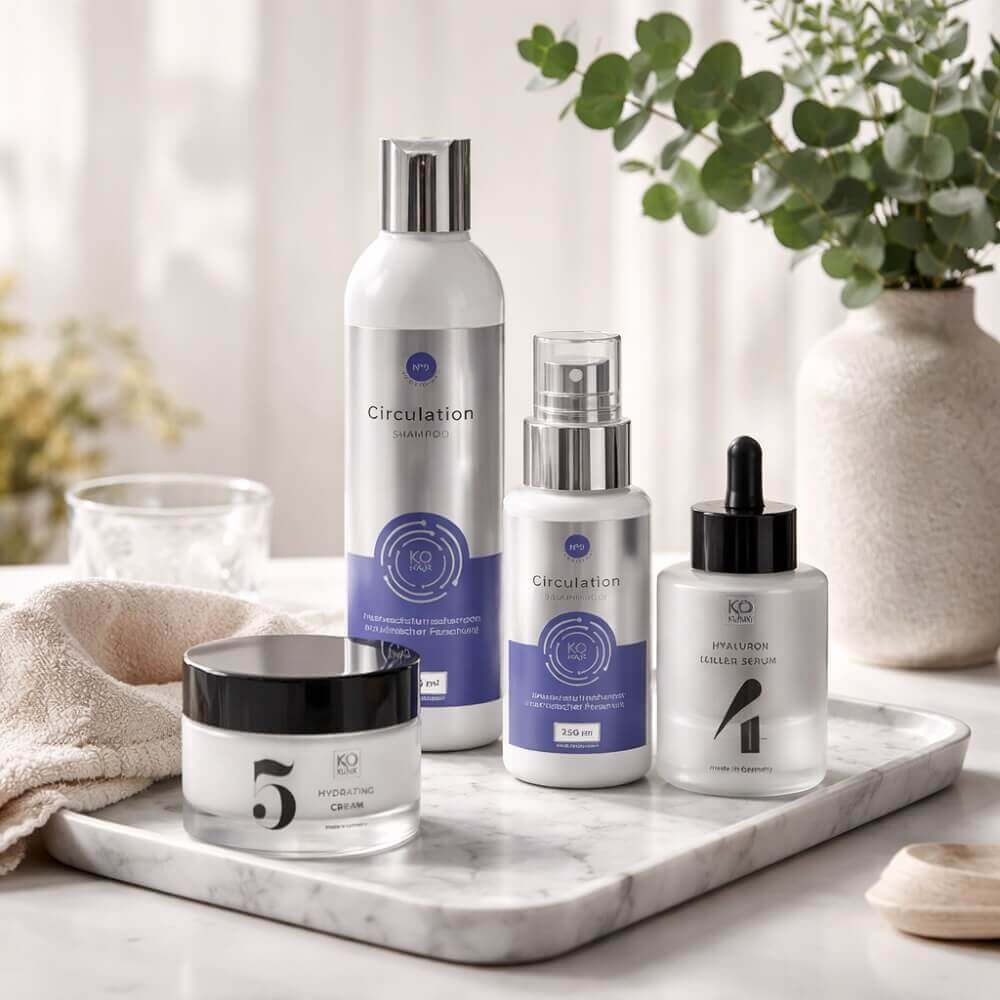 Haar- und Hautpflegeprodukte von KÖSMETIK stilvoll auf einer Marmorplatte arrangiert, helles Badezimmerambiente mit natürlichem Licht.