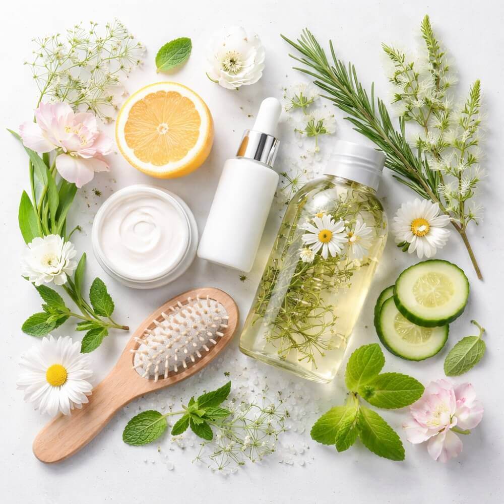 Flatlay mit Serum, Creme, Shampoo und Haarbürste, umgeben von Zitrusfrucht, Gurke, Kräutern und Blüten – symbolisiert einen natürlichen Frühjahrs-Detox für Haut und Haare.