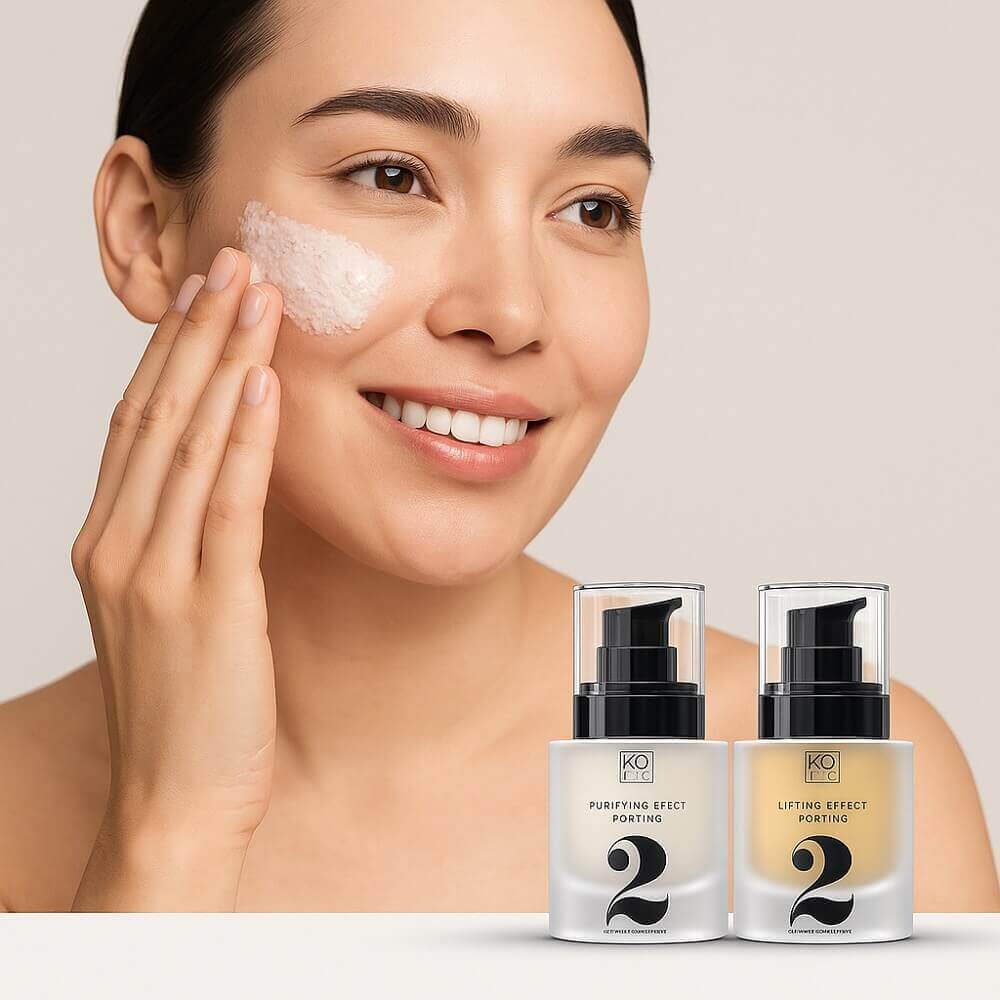 Frau mit glatter, gepflegter Haut trägt sanft ein Peeling auf die Wange auf. Daneben stehen zwei KÖ-KLINIK Produkte – Purifying Effect Peeling und Lifting Effect Peeling – auf hellem Hintergrund.