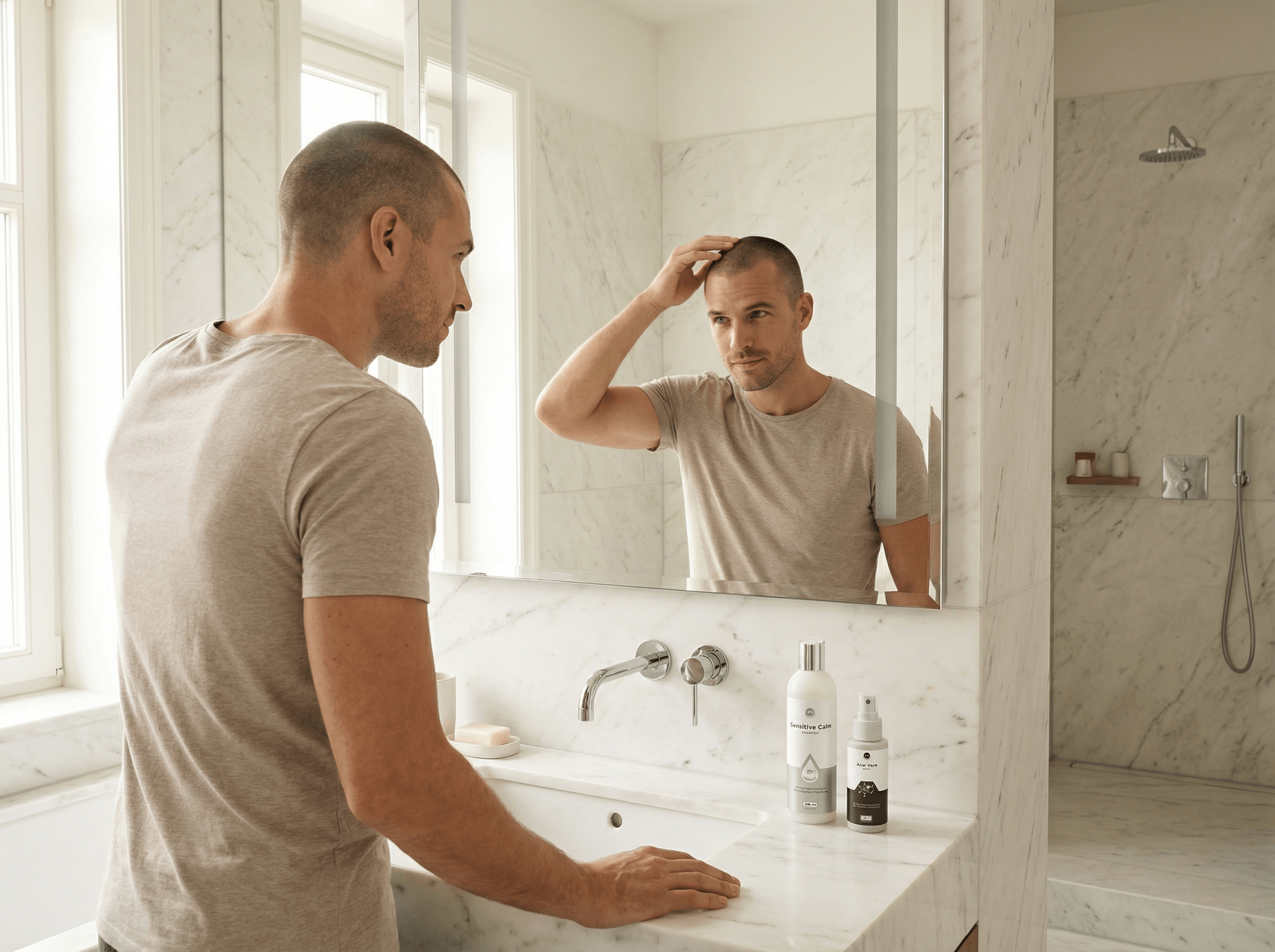 Mann pflegt seine Kopfhaut nach Haartransplantation mit KÖ-HAIR Sensitive Calm Shampoo und Aloe Vera Spray