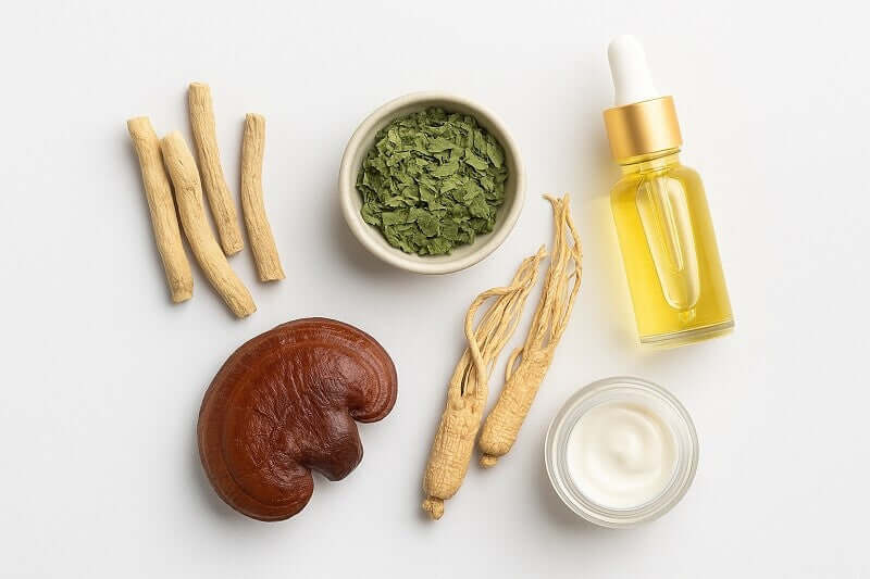 Flatlay mit Heilpflanzen und Hautpflege-Produkten