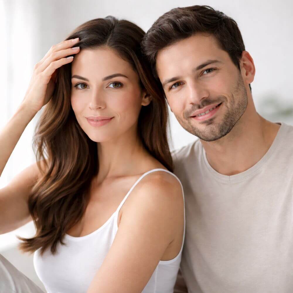 Natürliches Porträt eines gepflegten Paares mit gesund wirkendem, vollem Haar in hellem, ruhigem Umfeld – symbolisch für Vertrauen, Haarstärke und professionelle Haarpflege.