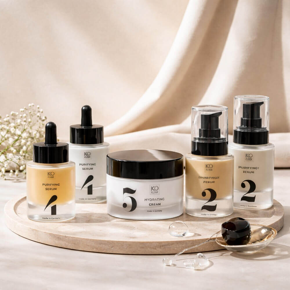 Stilvolles Mood-Bild mit ausgewählten Produkten der KÖ-KLINIK Premium Linie auf hellem, natürlichem Untergrund – hochwertige, minimalistische Anti-Aging-Hautpflege Made in Germany.