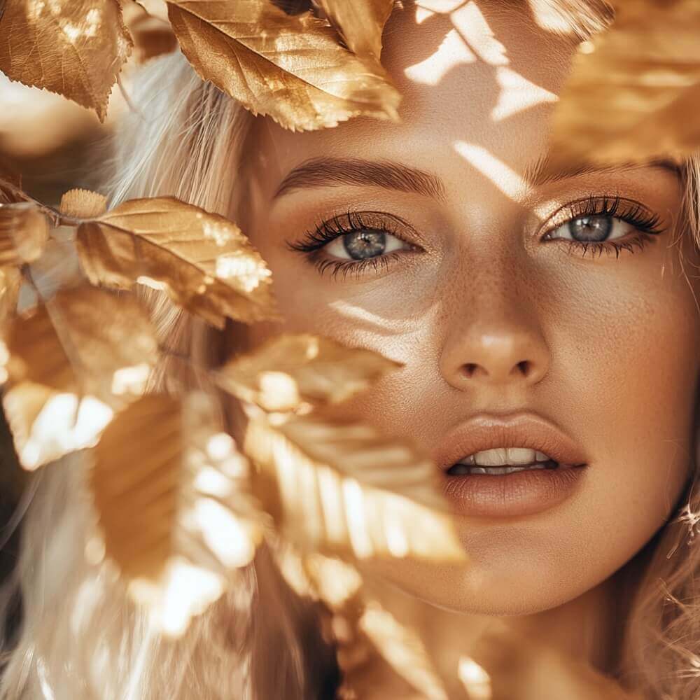 Eine junge blonde Frau mit strahlender Haut, umgeben von Herbstlaub. Das Bild symbolisiert der Übergang der Hautpflege von Sommer zu Herbst.