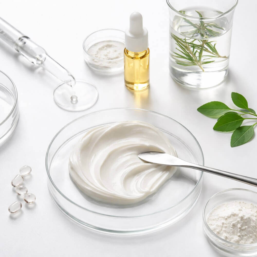 Clean-Beauty-Formulierung mit cremiger Textur, Pipette und ausgewählten Inhaltsstoffen in minimalistischem Laborsetup – Symbol für hochwertige, wissenschaftlich fundierte Kosmetik.