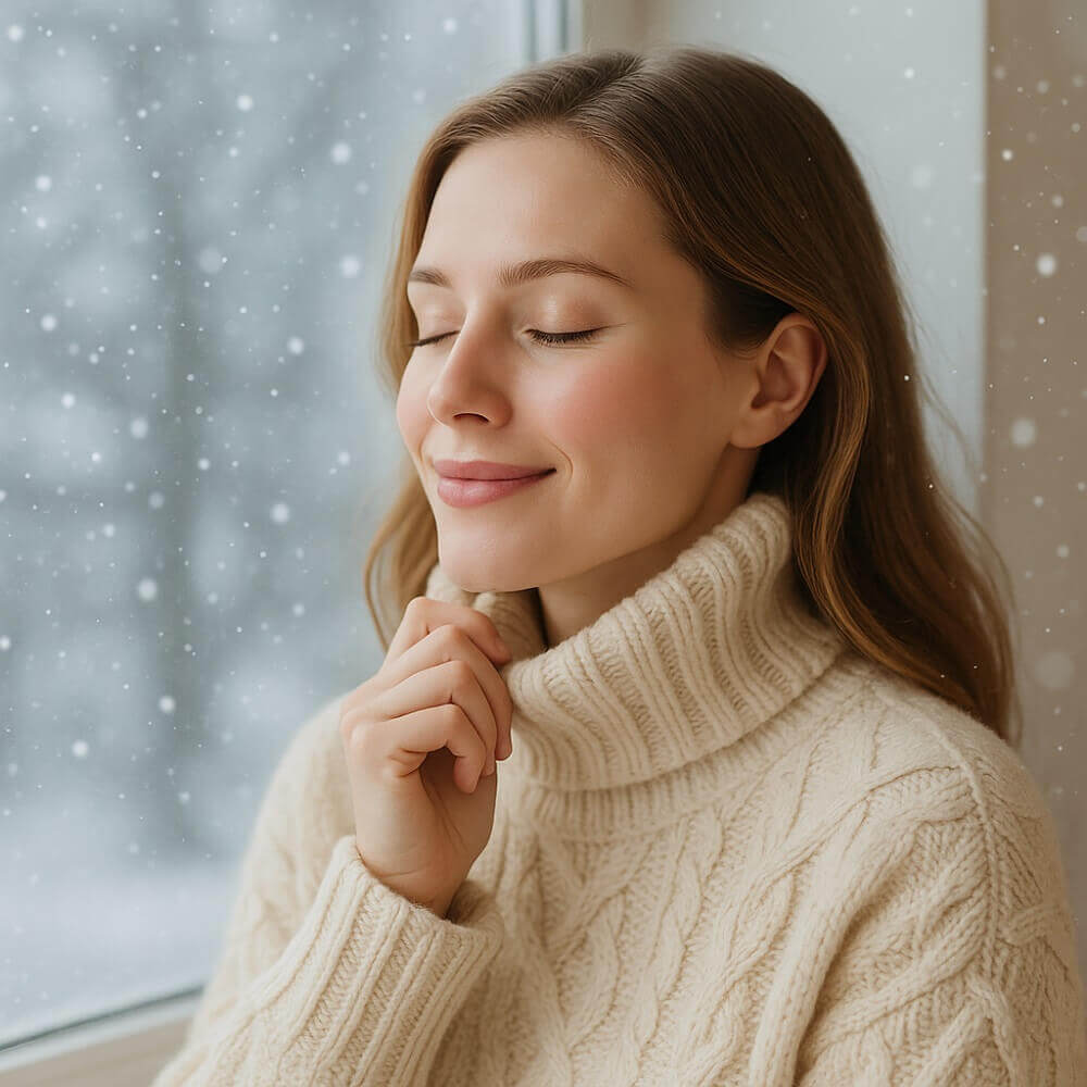 Junge Frau mit gepflegter, strahlender Haut sitzt in einem cremefarbenen Wollpullover am Fenster und genießt den Blick auf fallende Schneeflocken – Sinnbild für entspannte Winterhautpflege.