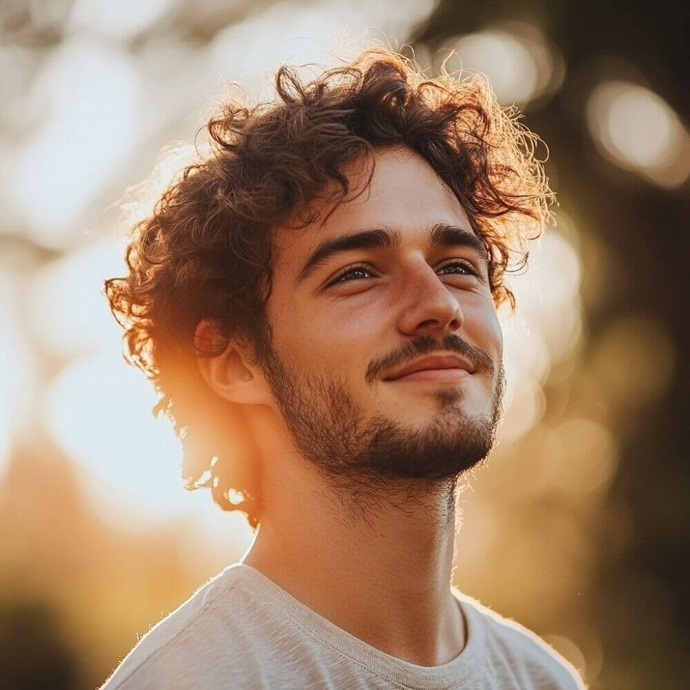 Ein gepflegter Mann mit dichtem, gesundem Haar, der in einer natürlichen Umgebung mit sanftem Sonnenlicht selbstbewusst lächelt. 