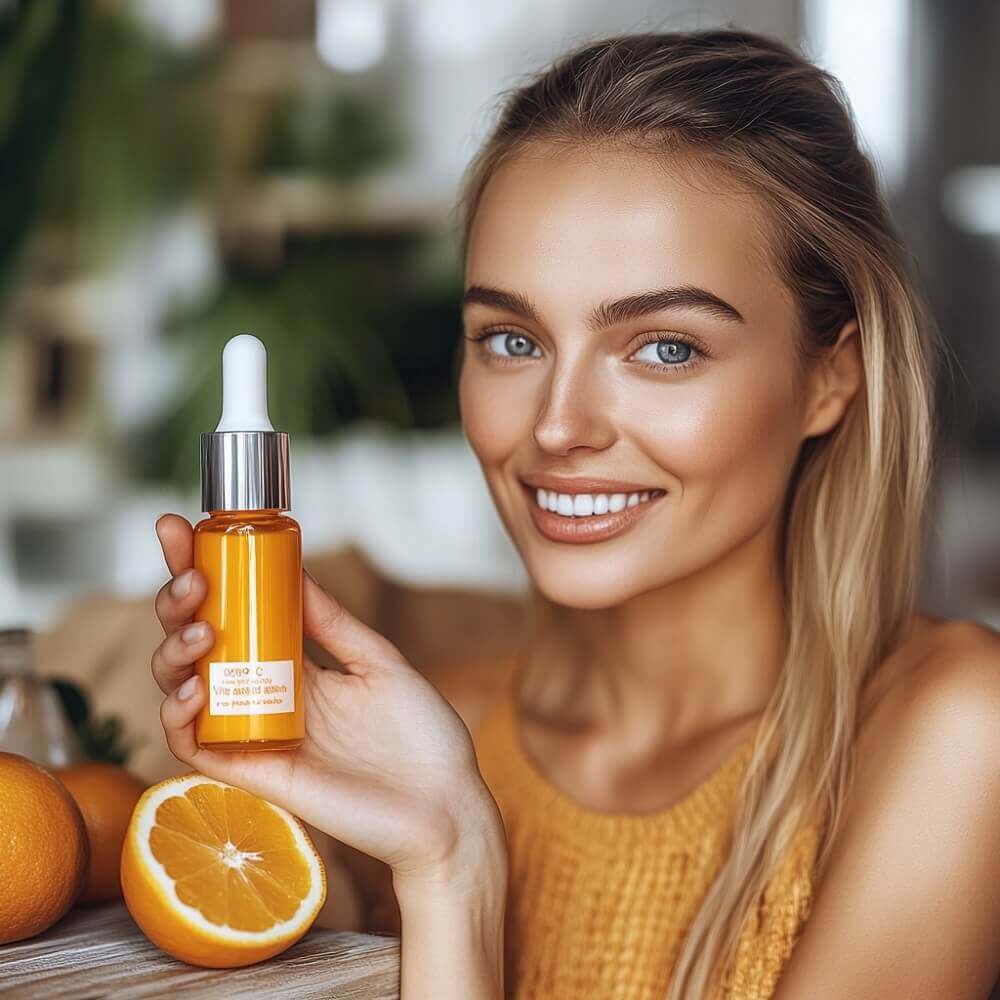 Eine Frau mit jugendlicher, strahlender Haut, die ein Vitamin C-Serum in der Hand hält. Auf einem Tisch vor ihr liegen Zitronen und sie trägt ein orangefarbenes Top. Die Szene vermittelt die Vitalität und Frische von Vitamin C.